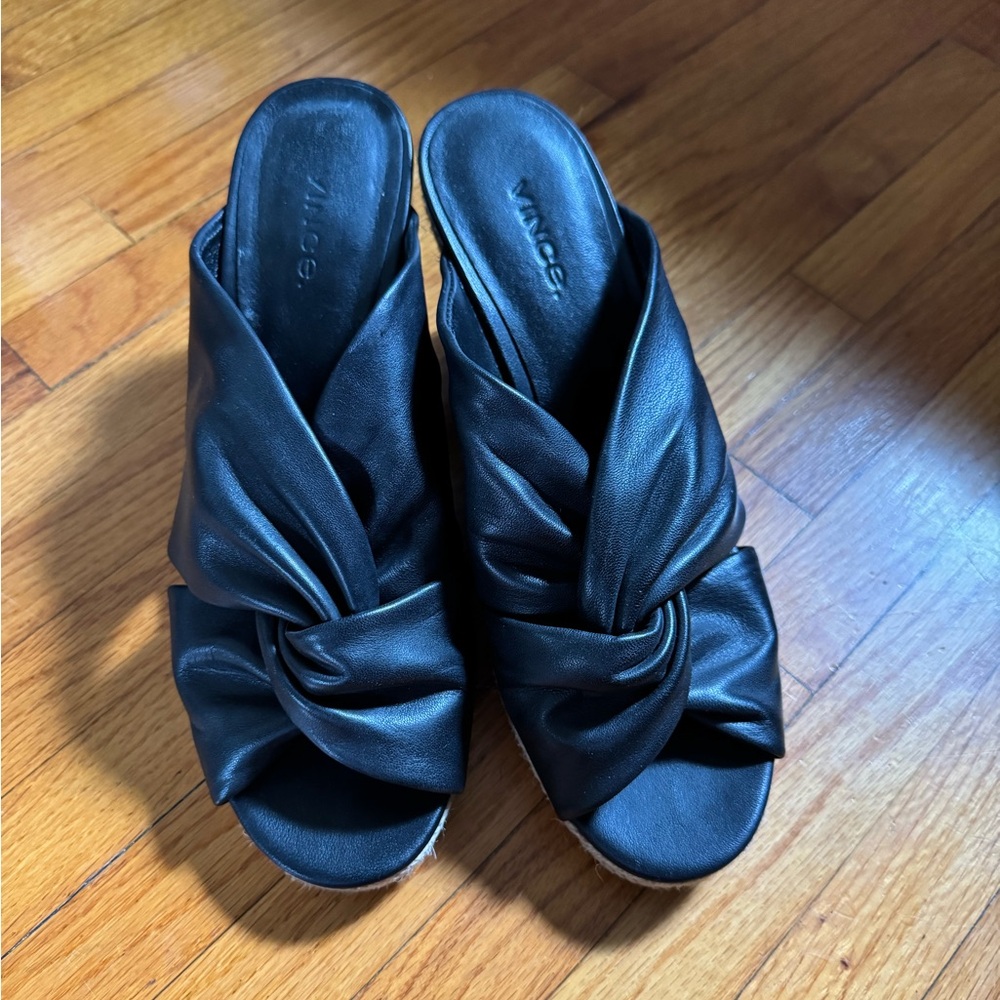 Vince Black Knotted Leather Wedges